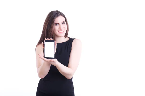 Бізнес-леді, що показує порожній смартфон — стокове фото