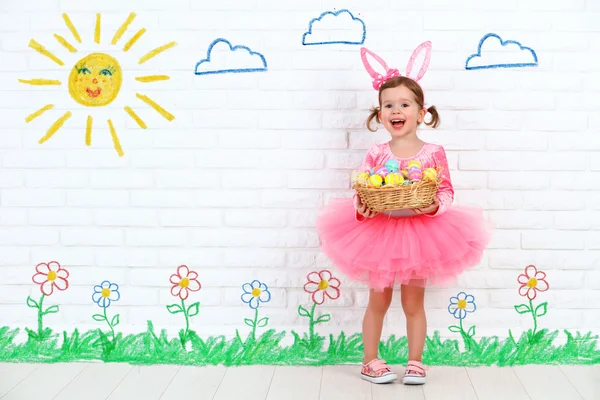 Concept easter. Happy girl in costume bunny rabbit with basket o — Stock Photo, Image