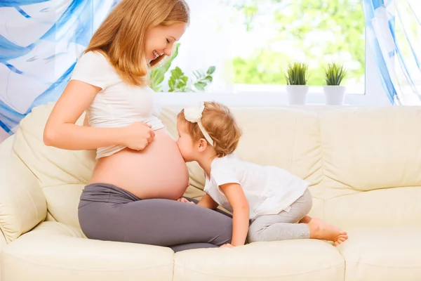 Happy family. Pregnant mother and baby daughter kissing relaxing — Stock Photo, Image