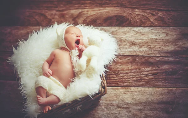 Söta nyfödda baby i bära hatt sover i korgen med leksak teddy vara — Stockfoto