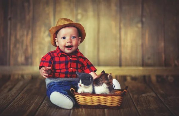 Happy babyjongen spelen met kittens — Stockfoto