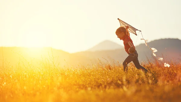 Niña feliz con una cometa corriendo en el prado en verano — Foto de Stock