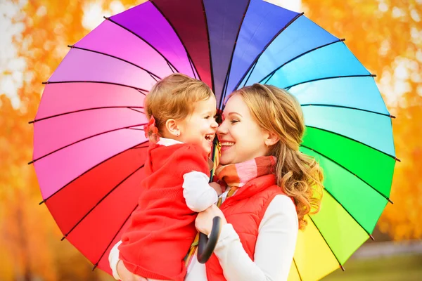 Happy family mum and child daughter with rainbow colored umbrell — Stock Photo, Image