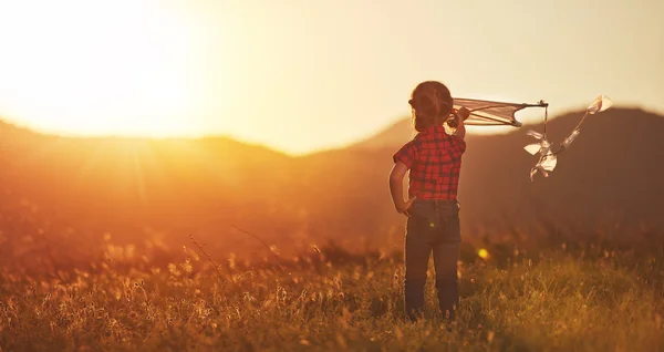 Gelukkig kind meisje met een vlieger op weide in de zomer — Stockfoto