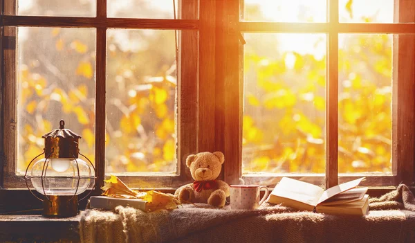 Caída. acogedora ventana con hojas de otoño, libro, taza de té — Foto de Stock