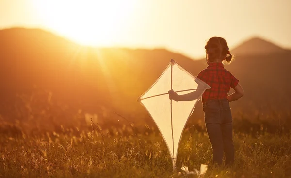 Heureux enfant fille avec un cerf-volant sur prairie en été — Photo