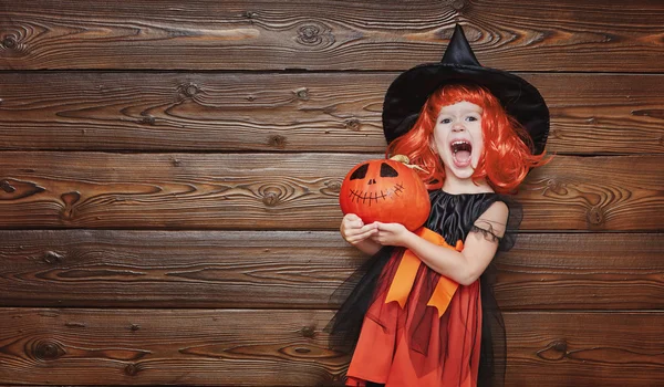 Divertida niña en traje de bruja para Halloween con calabaza Ja —  Fotos de Stock