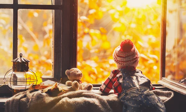 Kind meisje door open raam kijken naar natuur-herfst — Stockfoto