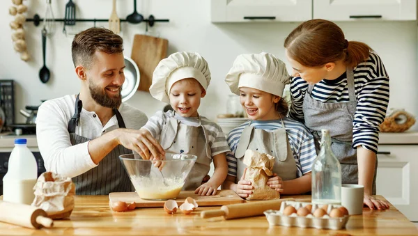Happy Young Family Kids Gathering Kitchen Preparing Dough Pastry While — Stock Photo, Image