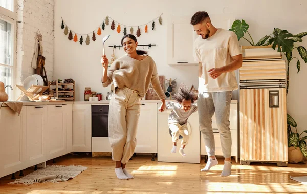 Happy Family Full Body Delighted Diverse Parents Playing Dancing Son — Stock Photo, Image
