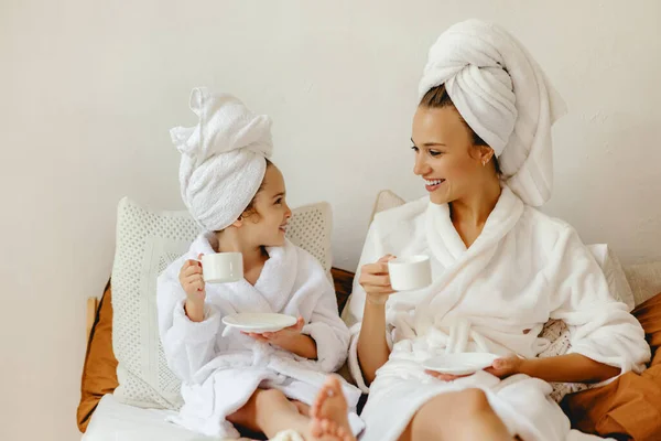 Happy Family Mother Little Daughter Bathrobe Towels Est Relax Cup — Stock Photo, Image