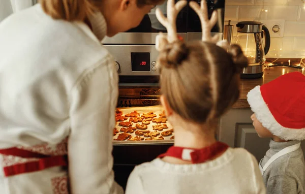 Heureux Drôle Famille Mère Enfants Cuire Biscuit Noël — Photo