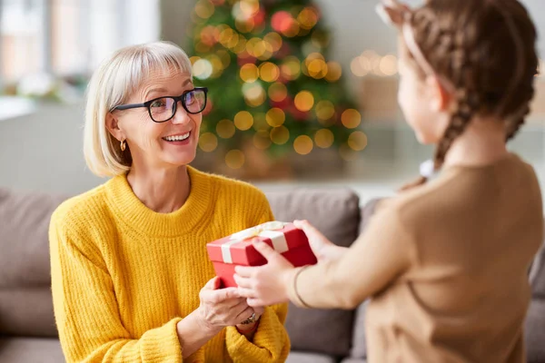 Neşeli Büyükannem Evde Tatilini Kutlarken Küçük Büyükbabamdan Noel Hediyesi Alıyor — Stok fotoğraf