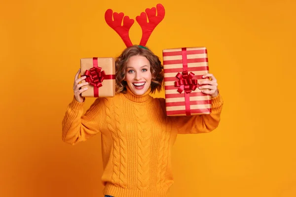 Cheerful Funny Surprised Young Woman Yellow Sweater Red Deer Antlers — Stock Photo, Image