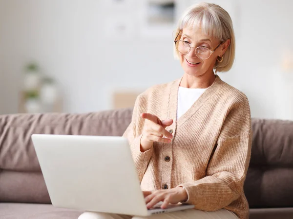 Excited Middle Aged Female Relaxing Sofa Having Video Call While — Stock Photo, Image