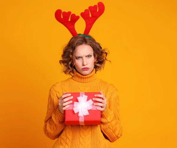Dissatisfied Young Female Knitted Sweater Red Deer Antlers Pouting Lips — Stock Photo, Image