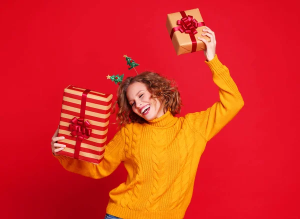 Excited Young Female Sweater Headband Laughing Dancing Wrapped Gifts Christmas — Stock Photo, Image