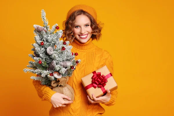 Olumlu Genç Bir Kadın Hediye Paketi Süslü Kozalaklı Ağaçla Noel — Stok fotoğraf
