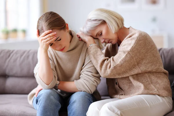 Senior Woman Caressing Sad Adult Daughter While Resting Couch Cozy — Stock Photo, Image