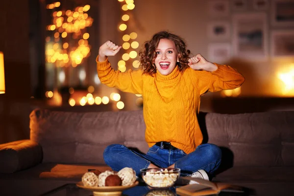 Happy Woman Raising Fist Screaming While Watching Sports Match Couch — Stock Photo, Image