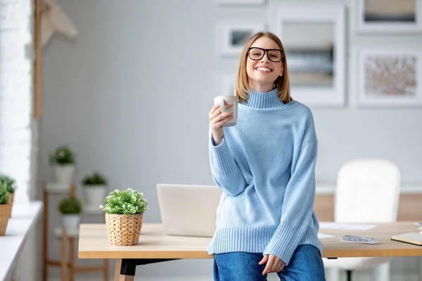 Cheerful Young Woman Cup Hot Drink Smiling Looking Camera While — Stock Photo, Image