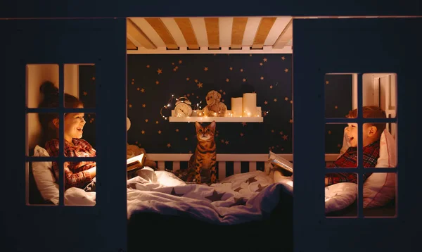 Memnuniyet Dolu Erkek Kız Kardeşlerin Yan Görüntüsü Geceleri Evde Kedinin — Stok fotoğraf