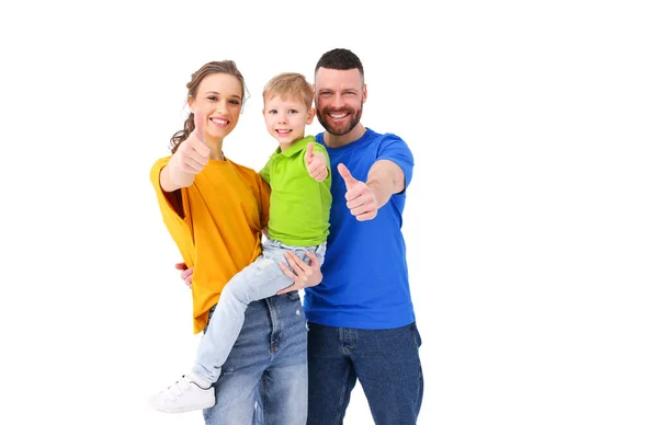 United Happy Parents Adorable Kid Showing Thumb Gesture While Standing — Stock fotografie