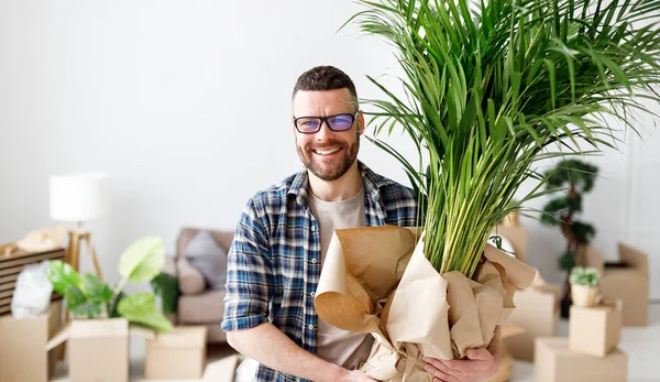 Hombre Contento Con Maceta Planta Pie Amplia Habitación Con Cajas — Foto de Stock