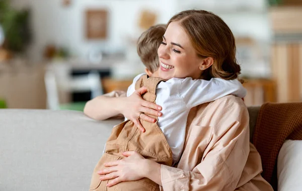 Happy Family Young Woman Little Boy Casual Clothes Embracing Kissing — Stock Photo, Image