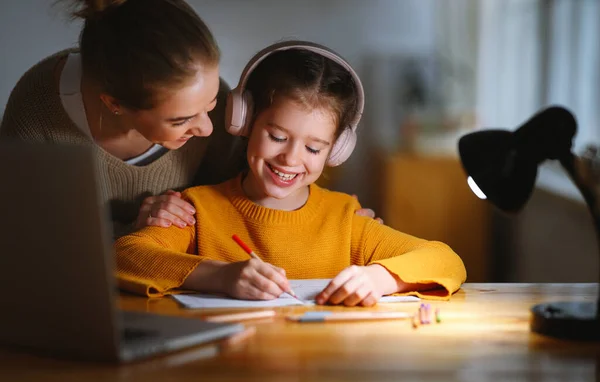 Family education: mother  helping  little daughter  with homework  during online studying together at home  in evening