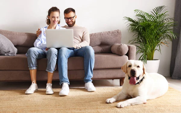 Šťastný Manželský Pár Relaxovat Při Prohlížení Internetu Notebooku Útulném Obývacím — Stock fotografie
