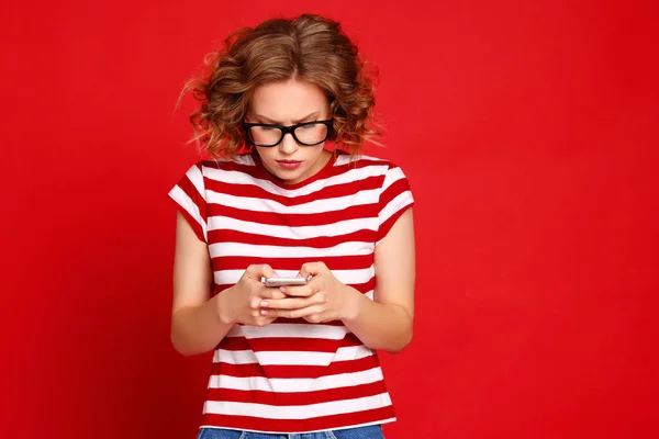 Amazed Young Female Striped Shirt Trendy Glasses Reading Unexpected Message — Stock Photo, Image