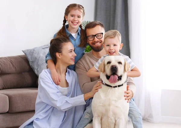 Lyckligt Gift Par Leker Med Sin Favorit Sällskapsdjur Hund Labrador — Stockfoto