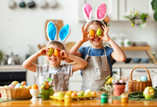 Happy Easter Funny Children Boy Girl Ears Hare Playing Getting — Stock Photo, Image