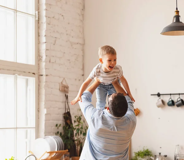 Faceless Carefree Father Casual Clothes Lifting Adorable Little Son Head — Stock Photo, Image