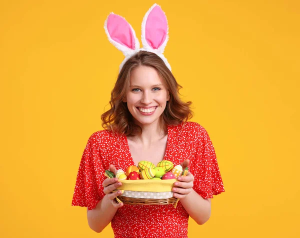 Cheerful Young Female Casual Red Clothes Bunny Ears Head Smiling — Stock Photo, Image