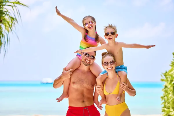 Cheerful Parents Carrying Son Daughter Shoulders While Laughing Looking Camera — Stock Photo, Image