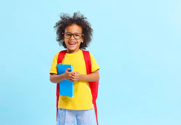 ポジティブな小さなアフリカ系アメリカ人の男の子とともに巻き毛でカジュアルな服や眼鏡笑顔で立ちながら青を背景に学校のバックパックとコピー本 — ストック写真