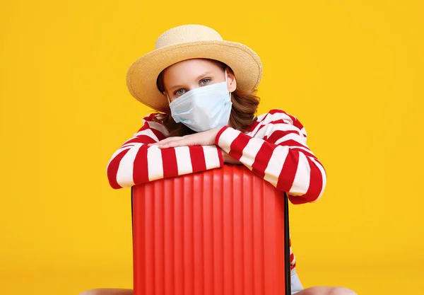 Excited Young Female Tourist Suitcase Casual Clothes Hot Face Mask — Stock Photo, Image