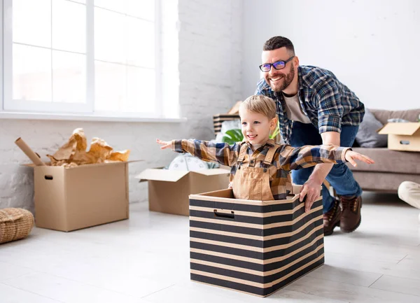 Side View Delighted Father Riding Smiling Child Box While Having — Stock Photo, Image