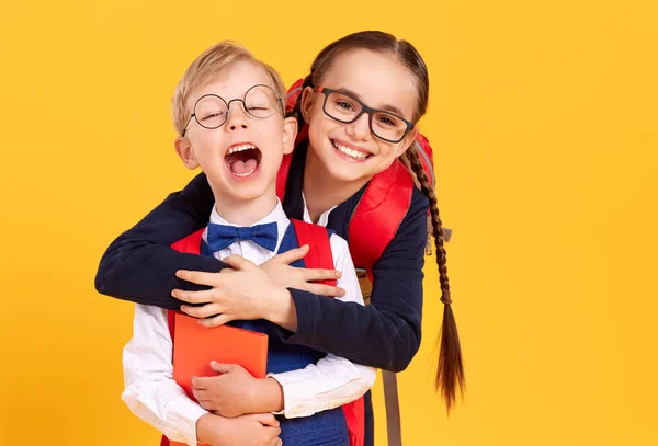 Cheerful Girl School Uniform Glasses Giving Piggyback Ride Happy Little — Stock Photo, Image