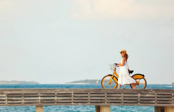 Side View Carefree Female White Dress Sunhat Walking Bike Wooden — Stock Photo, Image