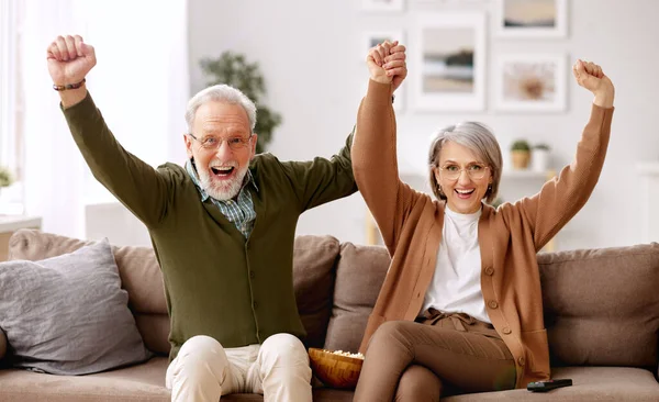 Alegre Pareja Ancianos Marido Esposa Celebrando Gol Mientras Sienta Sofá —  Fotos de Stock