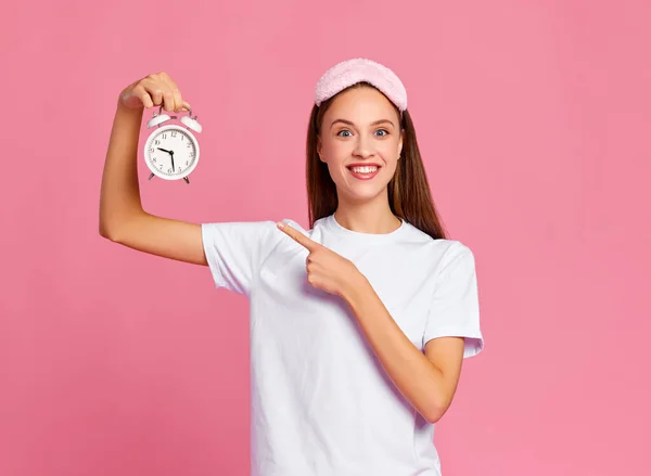 Funny Young Woman White Shirt Demonstrating Alarm Clock Looking Camera — Stock Photo, Image