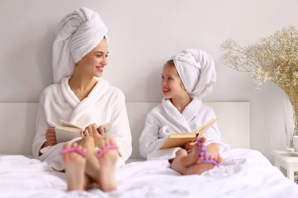 Happy Young Mother Girl Bathrobes Towels Smiling Looking Each Other — Stock Photo, Image