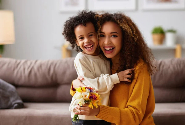 Excited Boy Little Son Congratulating His Mom Happy Mixed Race — Stock Photo, Image