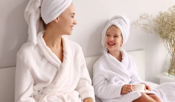 Happy Young Family Mother Daughter Bathrobes Towels Smiling Looking Each — Stock Photo, Image