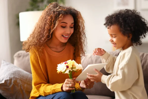 Love Cute Excited Little Boy Son Giving His Mom Handmade — Stock Photo, Image