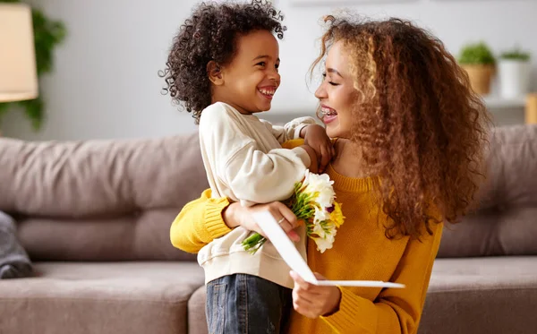 Love Cute Excited Little Boy Son Giving His Mom Handmade — Zdjęcie stockowe