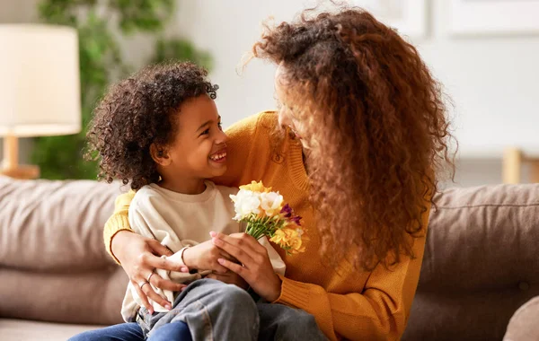 Excited Boy Little Son Congratulating His Mom Happy Mixed Race — Stock Photo, Image